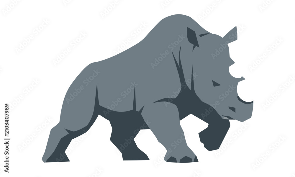 Obraz premium Minimalist silhouette of a rhinoceros in a charging pose with clean lines and flat solid colors isolated on a white background modern wildlife design concept