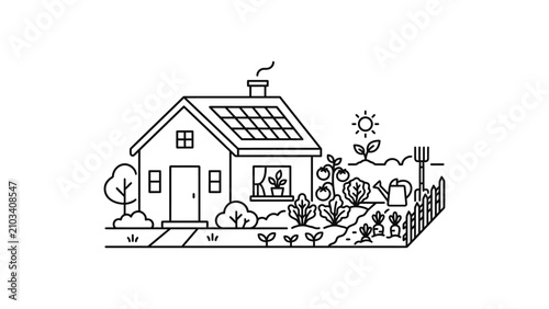 Eco friendly sustainable home with vegetable garden and solar panels outline illustration.