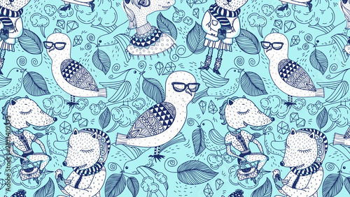 Seamless Blue Owl Pattern Winter Desktop Wallpaper - 1