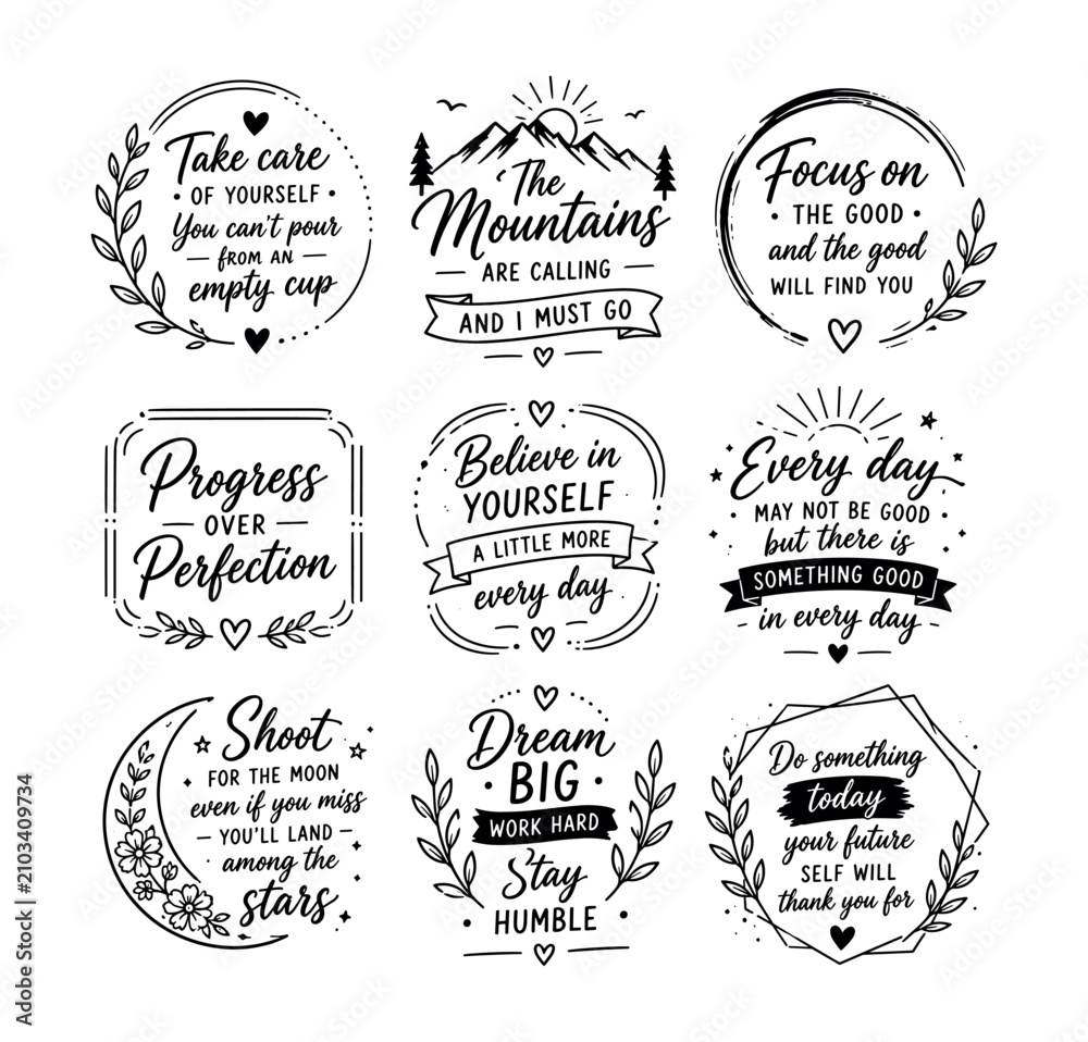 Fototapeta premium Collection of inspirational handwritten quotes and positive affirmations in decorative frames