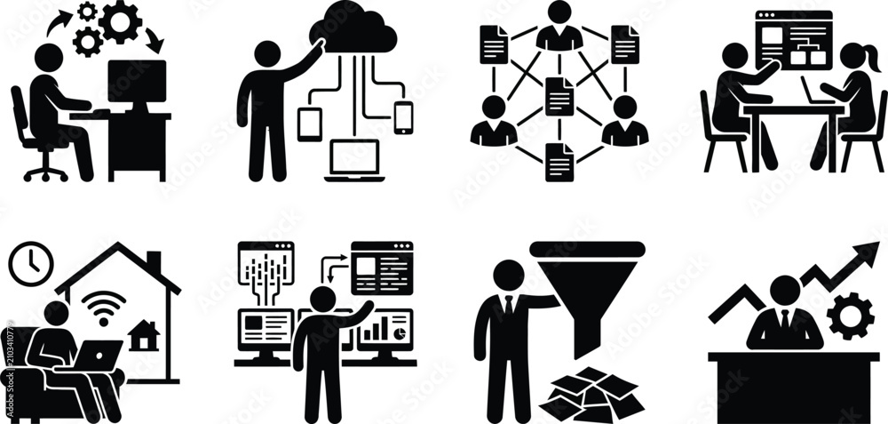 Obraz premium Business and Technology Icon Set Showing Cloud Computing, Remote Work, Data Analysis, and Workflow Automation in Vector Style