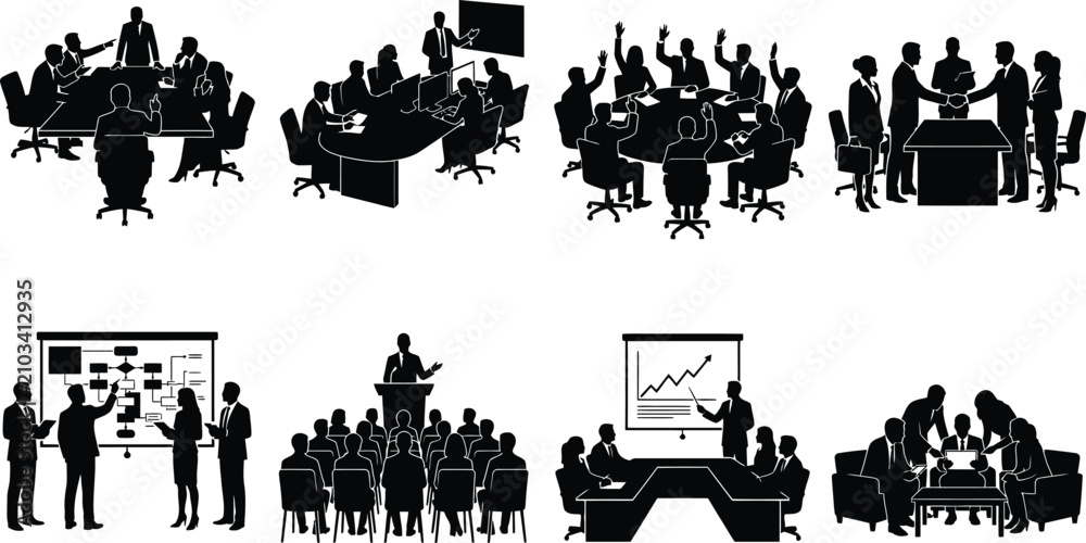 Obraz premium Business Meeting Silhouette Illustrations Showing Teamwork, Presentations, Collaboration, and Office Conference Scenes in Vector Style