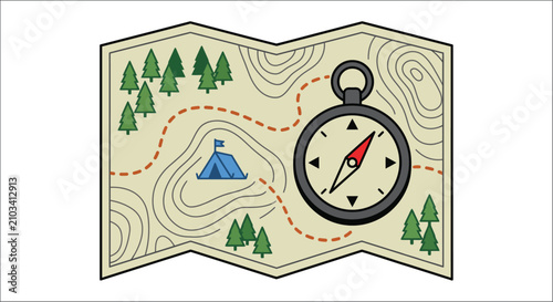 Foto Map with compass and trees a colorful vector illustration on a white background