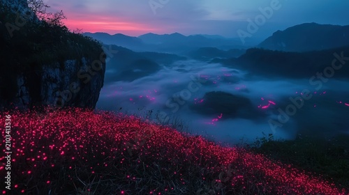 Sunrise over misty valley with glowing flowers.