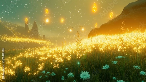 Magical glowing flower field at night with floating lights.