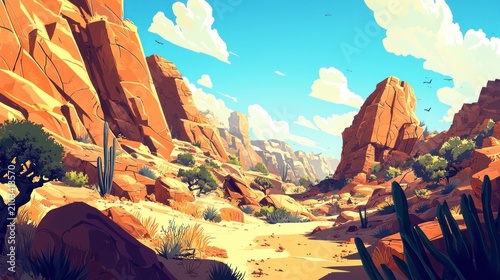Sunny desert canyon landscape with red rocks, cacti, and shrubs.