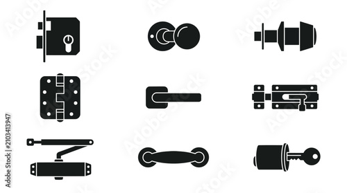 Black door hardware and security lock system icons.