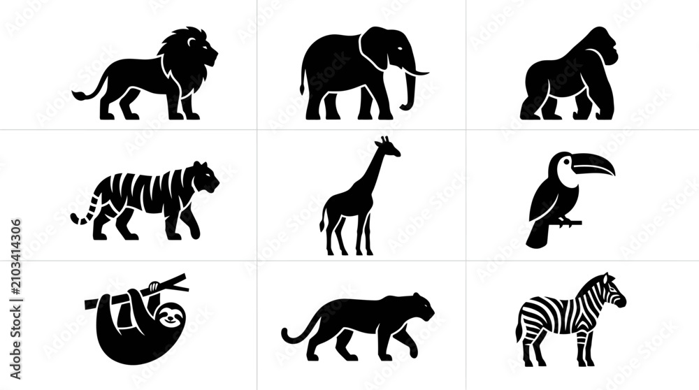 Obraz premium Black silhouettes of wild zoo and jungle animals.