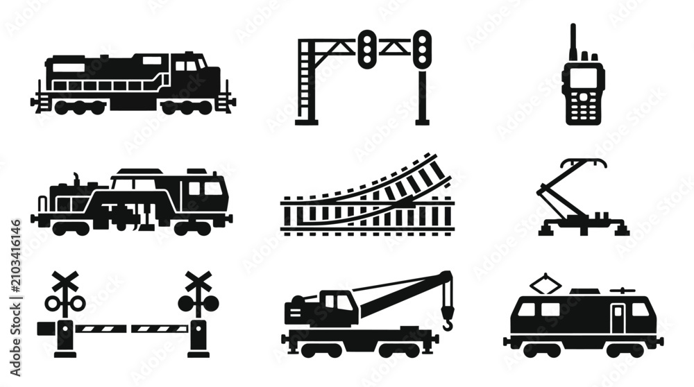 Obraz premium Railway transport and infrastructure black vector icon set