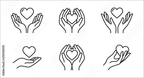Tableau sur toile Hands cupping hearts a set of line style icons on a white background affection a