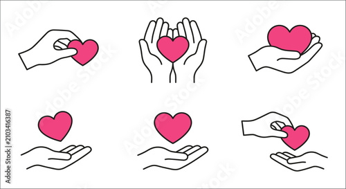 Принти на полотні Hands holding hearts pink line icons on a white background for charitable concep