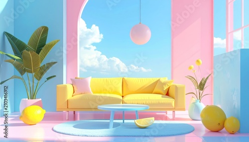 Pastel-colored living room with yellow couch, lemon accents, and a sky view