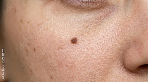 A close-up macro shot of a human face showing a brown mole on the cheek. The skin texture is visible, with fine lines and smaller freckles scattered around.