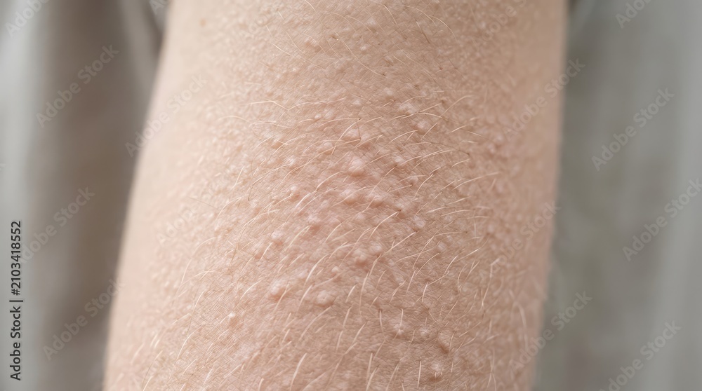 Fototapeta premium Close-up of a person's arm with a rash, showing small red bumps on the skin