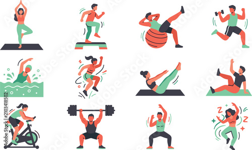 Cuadro en lienzo Fitness and Workout Character Icon Set with Yoga, Weightlifting, Cycling, Swimmi