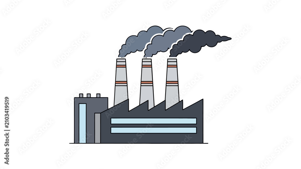 Obraz premium Illustration of a factory with three smokestacks emitting dark smoke against a white background, symbolizing industrial pollution and environmental impact.
