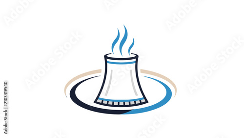 Tableau sur toile Stylized illustration of a nuclear power plant cooling tower emitting steam, depicted with blue and white colors within a circular design