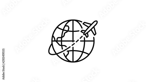 Minimalist outline icon of a globe with an airplane flying around the world.