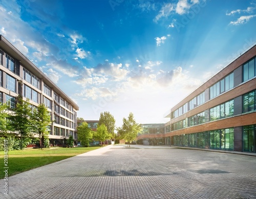 modern university campus with educational buildings on sunny day