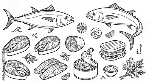 Bild auf Leinwand Fresh tuna fish and seafood products illustration.
