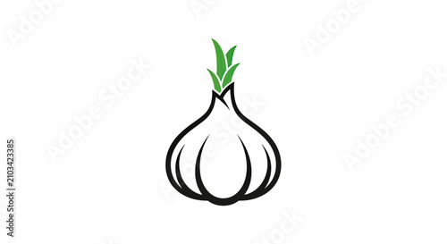 Foto Stylized garlic bulb icon with green sprout.