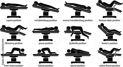 Fotografía Patient Surgical Positions on Operating Table Icon Set with Supine, Trendelenbur