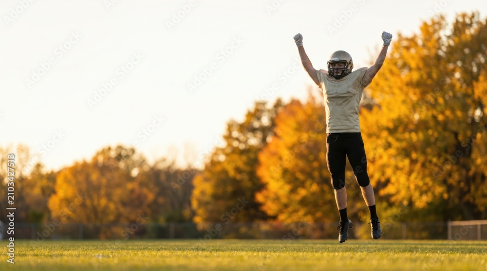 Obraz premium Young male American football player celebrating touchdown victory jumping on autumn field, athletic man in gold jersey cheering success, sports achievement concept, fall season training