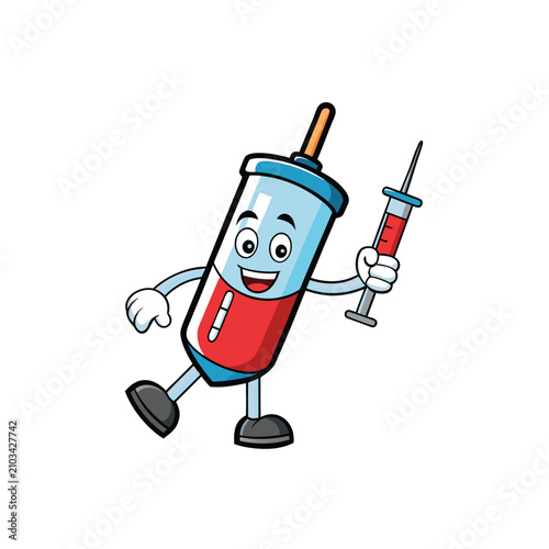 Happy medical syringe mascot holding a smaller needle.