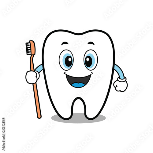 Happy tooth mascot holding toothbrush for dental care.