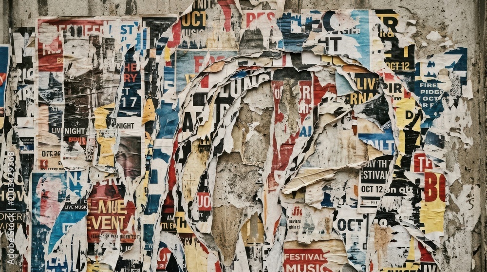 Fototapeta premium Weathered Urban Wall Covered in Layers of Torn Vintage Posters and Grunge Street Art Texture for Industrial Background Design and Creative Graphic Projects