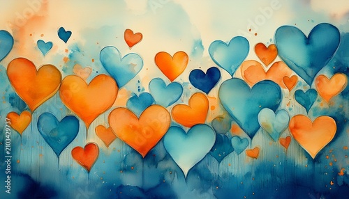 watercolor blue and orange hearts background