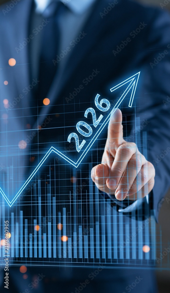 Obraz premium Business professional pointing at upward growth arrow highlighting year 2026 with financial chart, future planning timeline, and long term business growth strategy concept