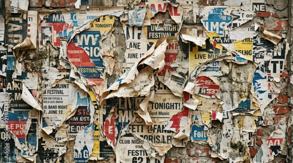 Naklejka premium Weathered Brick Wall Covered in Layers of Torn Vintage Posters Urban Grunge Texture Background for Graphic Design Projects and Street Art Style Visuals