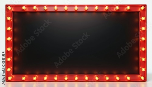 Red rectangular marquee frame with glowing yellow bulbs on white background. Decorative vintage sign board for cinema theater movie posters. Illuminated theater lighting display for entertainment