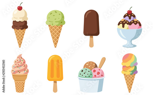 Cute Ice Cream Collection with Assorted Cones, Popsicles and Sundae Vector Illustration