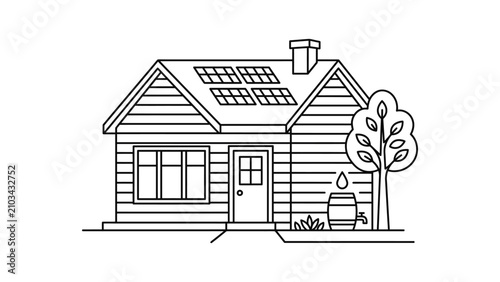 Eco friendly sustainable house with solar panels and rainwater collection.