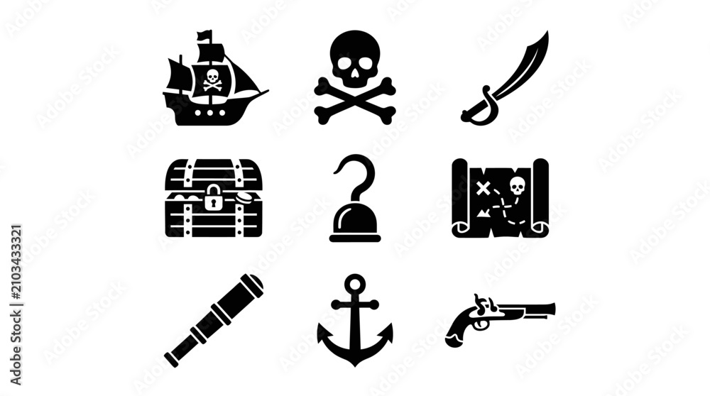 Fototapeta premium Classic pirate symbols and nautical adventure silhouette icons.