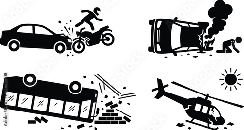 Konstfotografi Traffic Accident and Vehicle Crash Silhouette Icon Set with Car Motorcycle Colli
