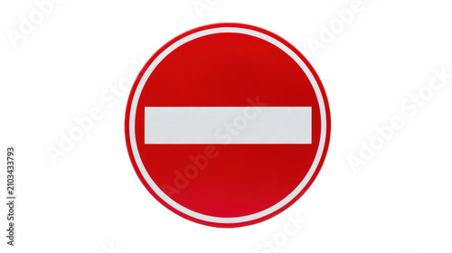 A red circular traffic sign with a bold white horizontal bar, displayed on a white background to communicate the message of no entry for vehicles