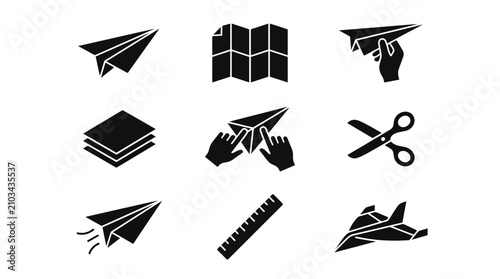Paper airplane origami folding and school supply icons.
