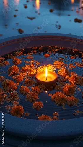 Candle floating on water surrounded by orange flowers in a decorative bowl.