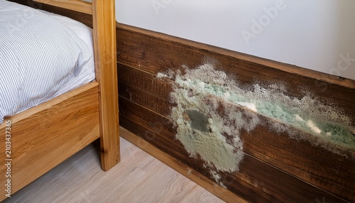 mold grows near the corner of a bed and wall in a bedroom with a wooden bed frame and white sheets