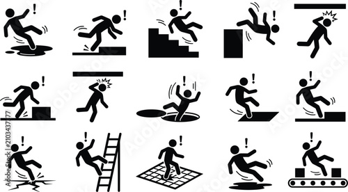 Foto Workplace Accident and Hazard Stick Figure Icon Set with Slip, Trip, Fall from L