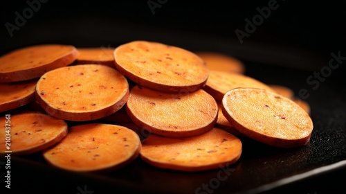 Freshly Cut Orange Potato Chips on Black Background Display