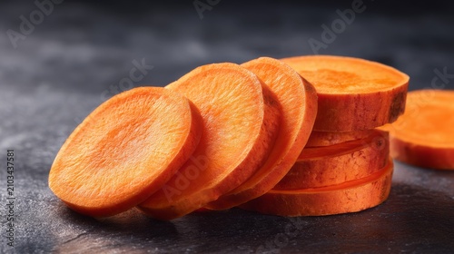 Freshly Cut Sweet Potato Slices on Dark Background for Cooking