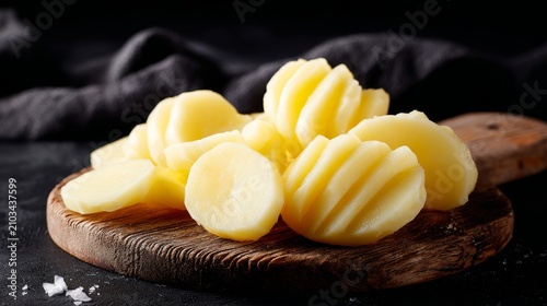 Freshly Sliced Potatoes Ready for Cooking on a Wooden Board
