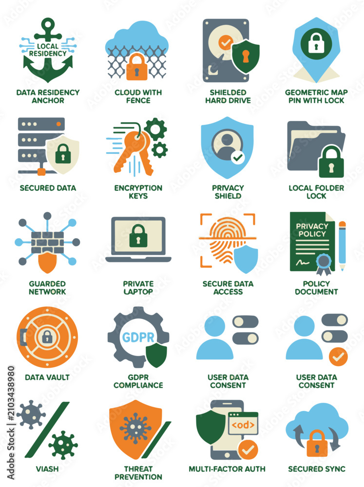 Fototapeta premium Data Protection Privacy and Security Flat Vector Icons for Digital Compliance