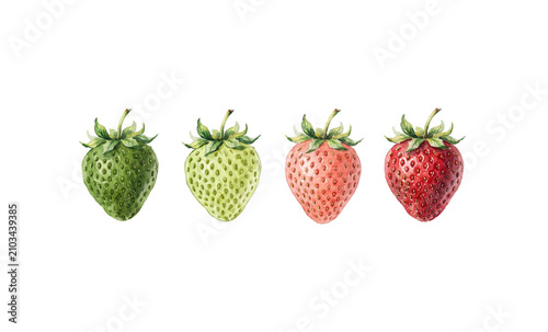 Strawberries set watercolor isolated on transparent background, different stages of strawberry ripening