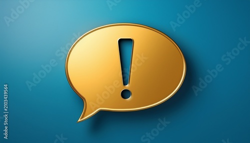 golden speech bubble with exclamation mark cut out on clean blue background indicating important notification