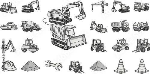 Fotografía Collection of industrial construction machinery and heavy equipment line art ico